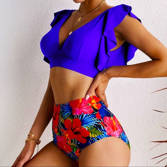 BRAND NEW Royal Blue Ruffle V Neck Bikini Top and Floral High-Waist Bottoms - Picture 3 of 4